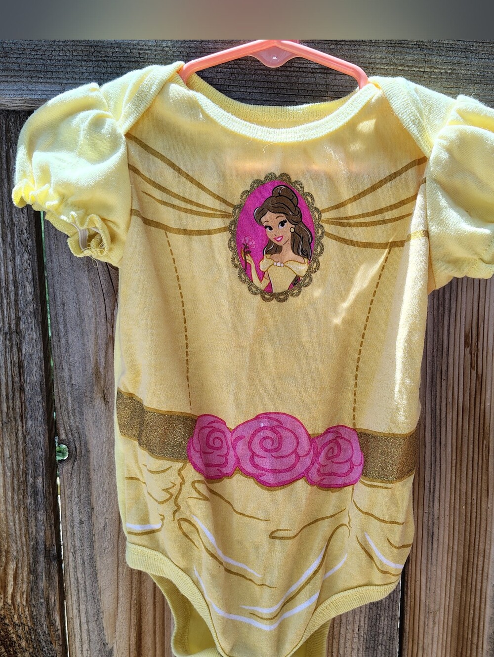 6-12m Disney Princess Belle Yellow Bodysuit with Pink Rose Waist